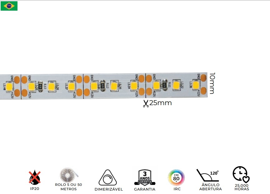 Fita LED MK Iluminação 15w/mt 120 Leds IP20 12V 1800 Lúmens 10mm (Rolo 5 metros)