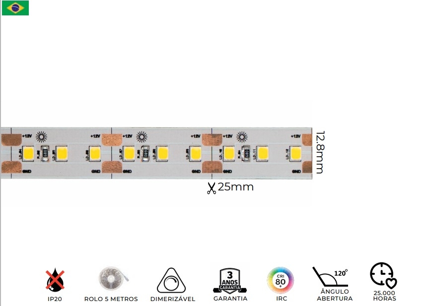 Fita Fibra LED MK Iluminação 20w/mt 120 Leds IP20 12V 2000 Lúmens 12,8mm (Rolo 5 metros)