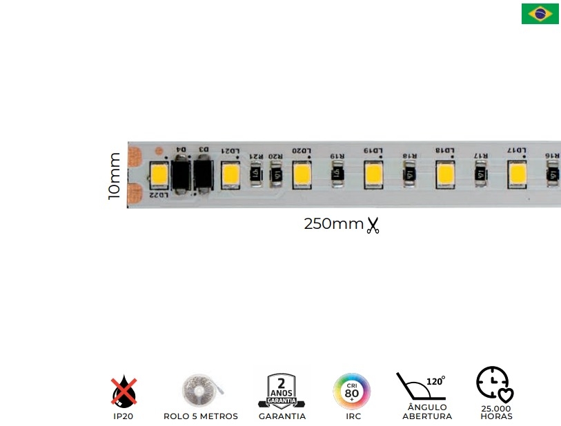 Fita LED MK Iluminação 8w/mt 120 Leds IP20 700 Lúmens Alta Tensão 10mm (Rolo 5 metros)
