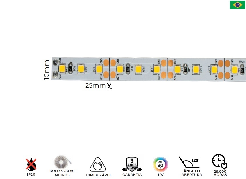 Fita LED MK Iluminação 4,8w/mt 120 Leds IP20 12V 400 Lúmens 10mm Nacional (Rolo 50 metros)