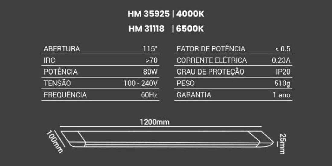 Luminária Opus LED Power Flat 80 watts IP20 6500K 6800 Lúmens 1200mm OPS 31118