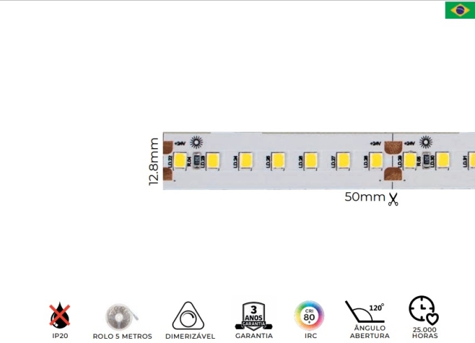 Fita Fibra LED MK Iluminação 7w/mt 140 Leds IP20 24V 900 Lúmens 12,8mm (Rolo 5 metros)