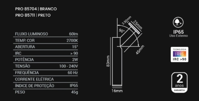 Spot Direcional Opus LED Lapiz 2 watts 15° IP65 Branco 2700K 60 Lúmens Ø16x83mm OPS 85704