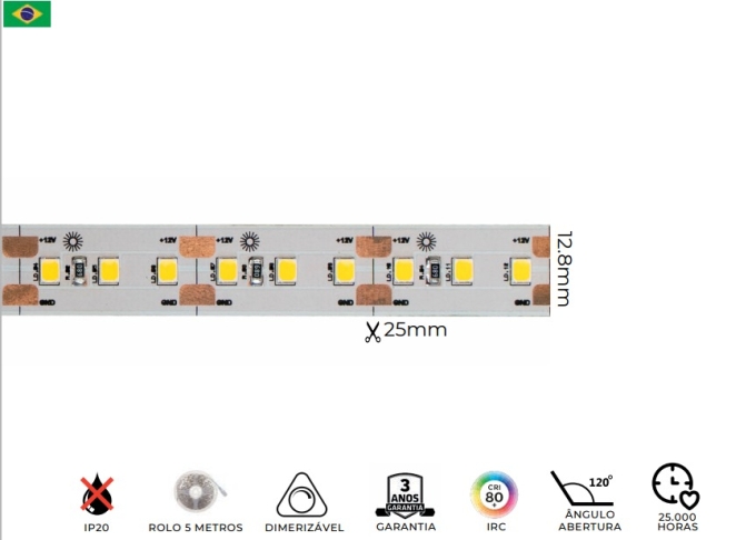Fita Fibra LED MK Iluminação 20w/mt 120 Leds IP20 12V 2000 Lúmens 12,8mm (Rolo 5 metros)
