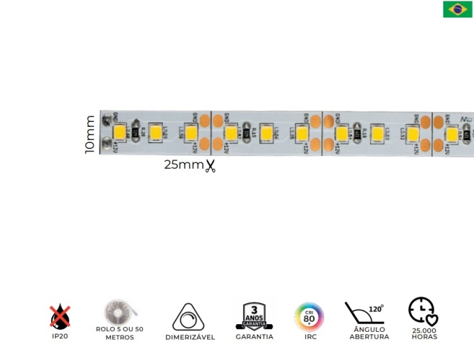 Fita LED MK Iluminação 4,8w/mt 120 Leds IP20 12V 400 Lúmens 10mm Nacional (Rolo 50 metros)