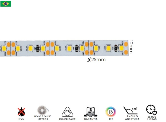 Fita LED MK Iluminação 6w/mt 120 Leds IP20 12V 700 Lúmens 10mm Nacional (Rolo 50 metros)