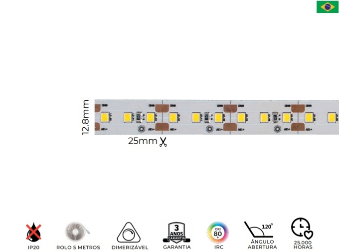 Fita Fibra LED MK Iluminação 6w/mt 120 Leds IP20 12V 700 Lúmens 12,8mm (Rolo 5 metros)