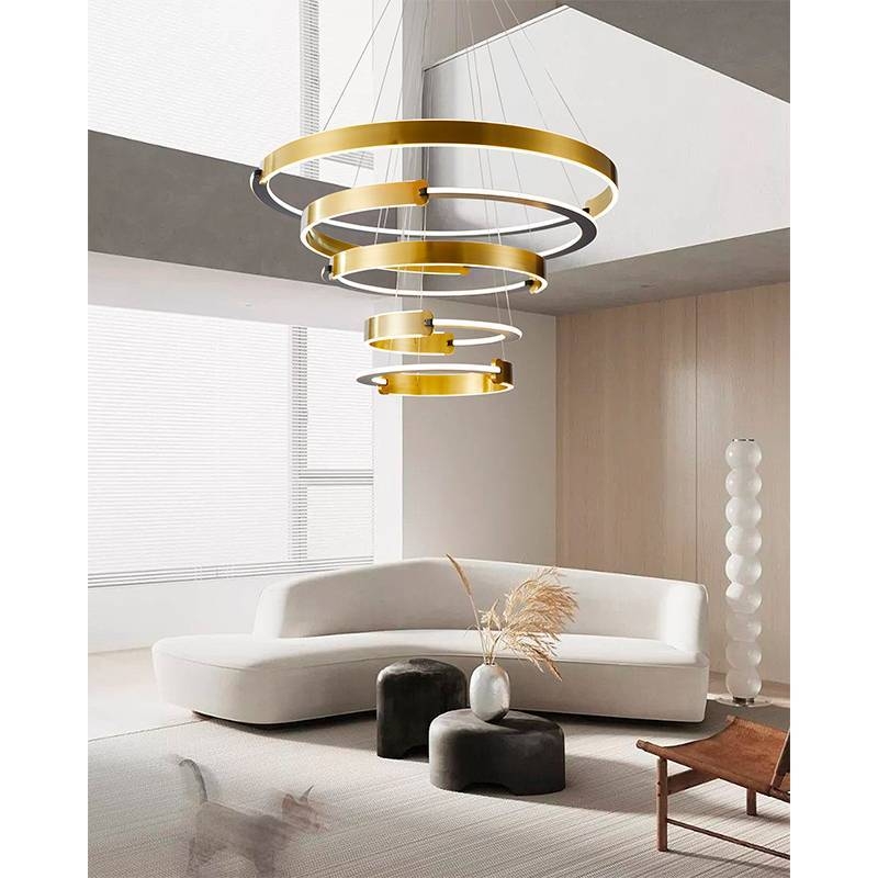 Pendente Nordecor Uoli 5 Mod 380 watts 3000K Preto e Ouro Fosco Ø300/400/600/800/1000mm 2575