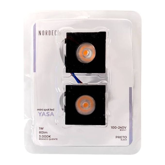 Mini Spot Embutido Nordecor Yasa Quadrado 1 watts 3000K Preto c/ 2 Unidades 35x35x29mm 6330