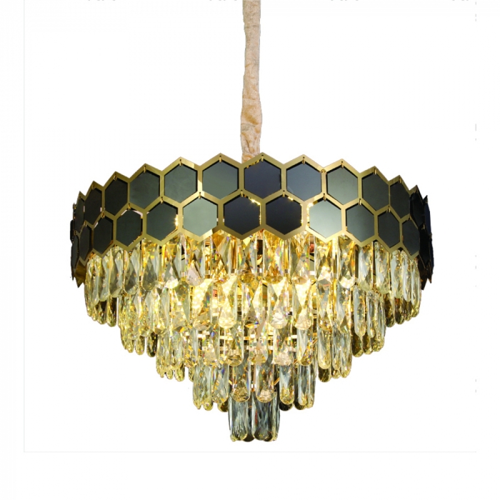 Pendente Sindora 16L E14 Inox Dourado Preto e Cristal Transparente Ø770x400mm DCD01007

