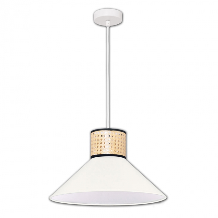 Pendente Biancoluce Caraíva Metal Branco Rattan Sintético e Tecido 1L E27 Ø400mm PL004BC 