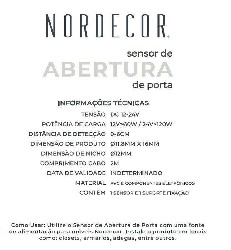 Sensor de Abertura de Porta Nordecor para Moveis 12/24V 2Metros 7232