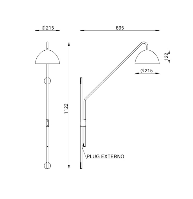 Coluna de Parede Foco Metallo Andria Articulada Ligação Direta Cúpula Metal Ø215x1122x695mm CO 310/L