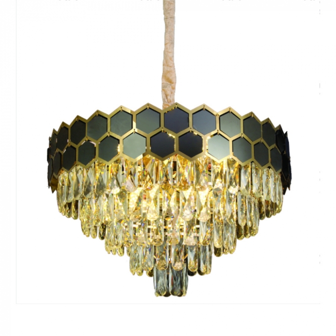 Pendente Sindora 16L E14 Inox Dourado Preto e Cristal Transparente Ø770x400mm DCD01007


