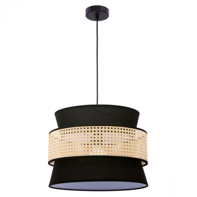 Pendente Biancoluce Corumbau Metal Preto Rattan Sintético e Tecido 1L E27 Ø400mm PL005 