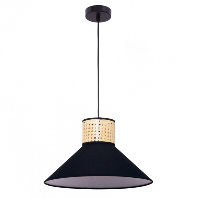 Pendente Biancoluce Caraíva Metal Preto Rattan Sintético e Tecido 1L E27 Ø400mm PL004PT