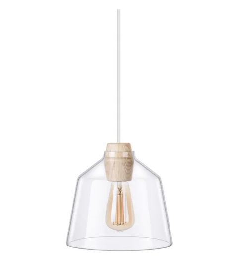 Pendente Flavo Vetri Metal Branco Vidro Transparente Madeira Clara 1L E27 Ø230X200mm FP1110TR