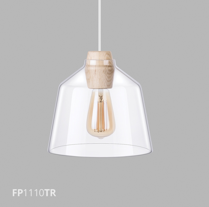 Pendente Flavo Vetri Metal Branco Vidro Transparente Madeira Clara 1L E27 Ø230X200mm FP1110TR