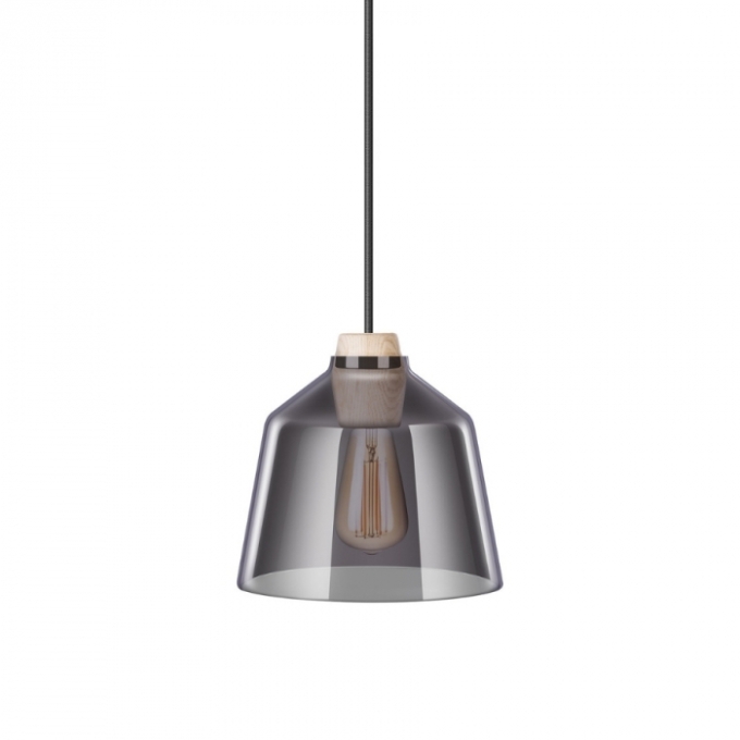 Pendente Flavo Vetri Metal Preto Texturizado Vidro Fumê e Madeira Escura 1L E27 Ø230X200mm FP1110FM