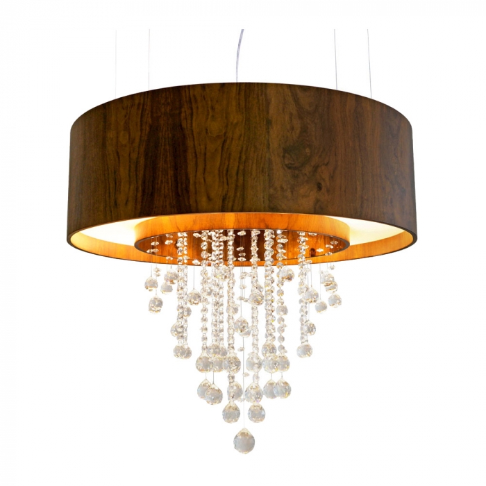 Pendente Union Iluminação Cilíndrico Duplo com Cristais Madeira 6L E27 + 3 Spot de Led 600x600mm 248