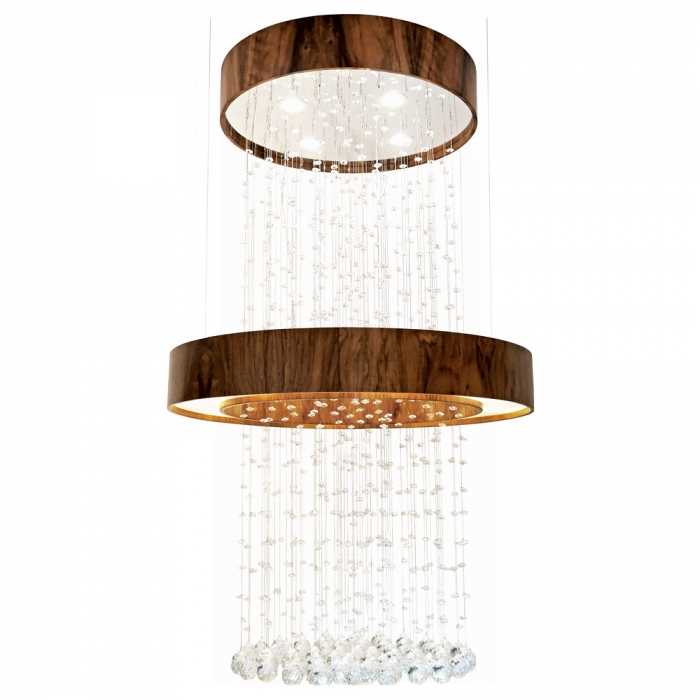 Pendente Union Iluminação Anel Espelhado c/ Cristais e Madeira 8L G9 + 4 Spots de Led Ø800x1300mm 414