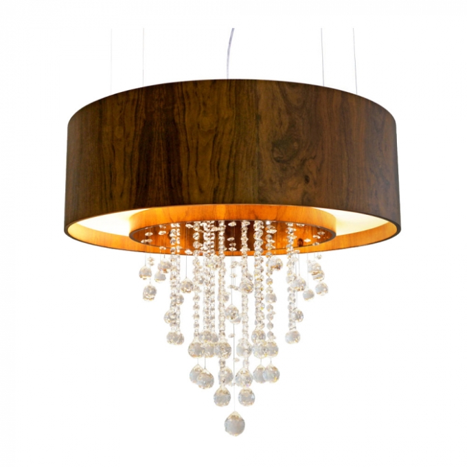 Pendente Union Iluminação Cilíndrico Duplo com Cristais Madeira 9L E27 + 4 Spot de Led 900x750mm 336