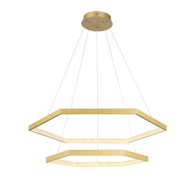 Pendente Bella Hex Metal Dourado e Acrílico Transparente 50 watts 3000K Ø600x40mm GD005
