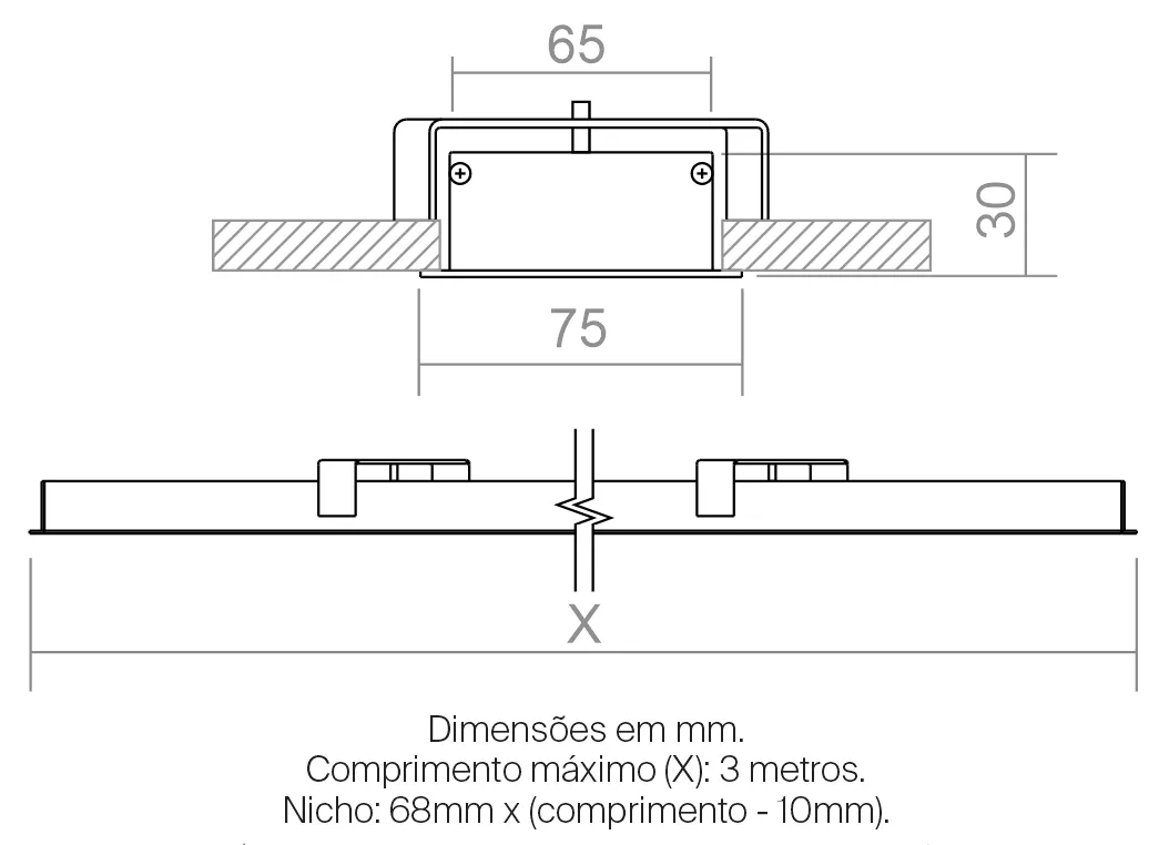 Perfil Powerlume Embutido Alumínio e ABS 75x30mm EMB80
