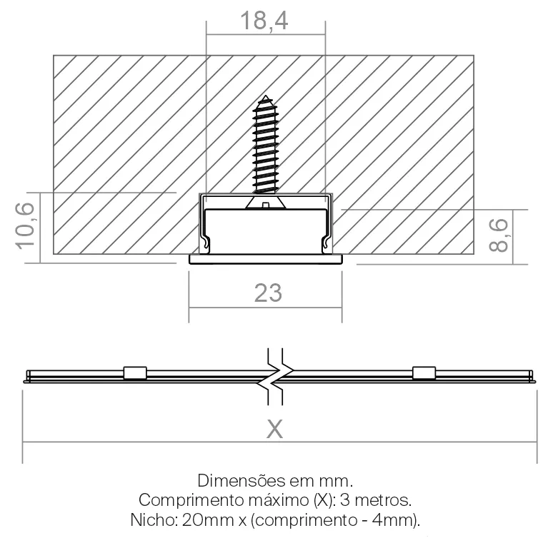 Perfil Powerlume Embutido Baixo Alumínio e ABS 23x8,6mm EMB-B25