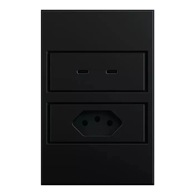 Tomada Stella Dupla 10A + USB-C S. Touch Policarbonato Preto STO24430PTO 