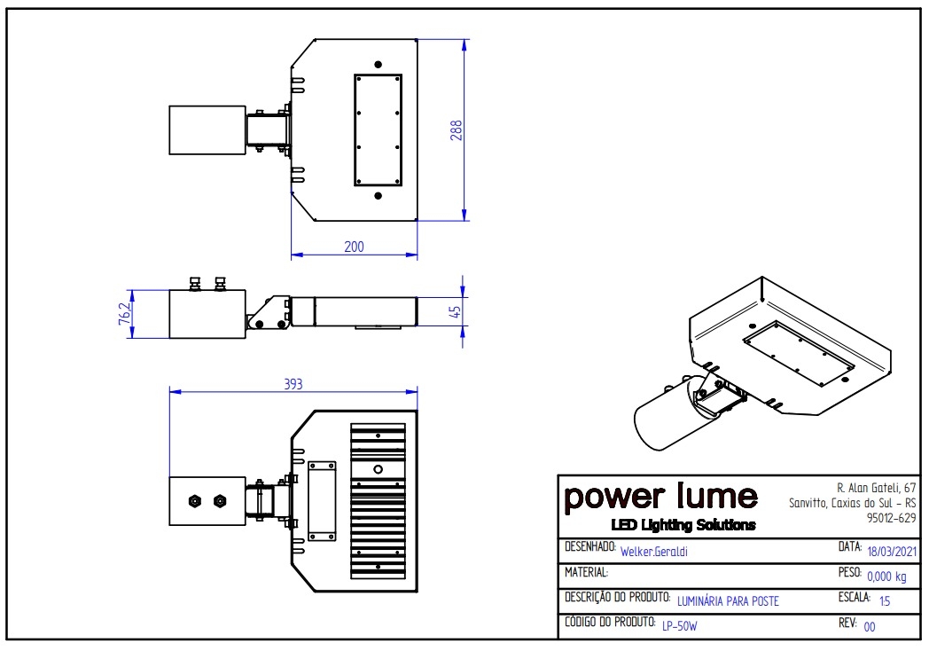 Luminária Pública Modular Powerlume 50 watts IP66 Alumínio e Policarbonato 288x45mm LP50W