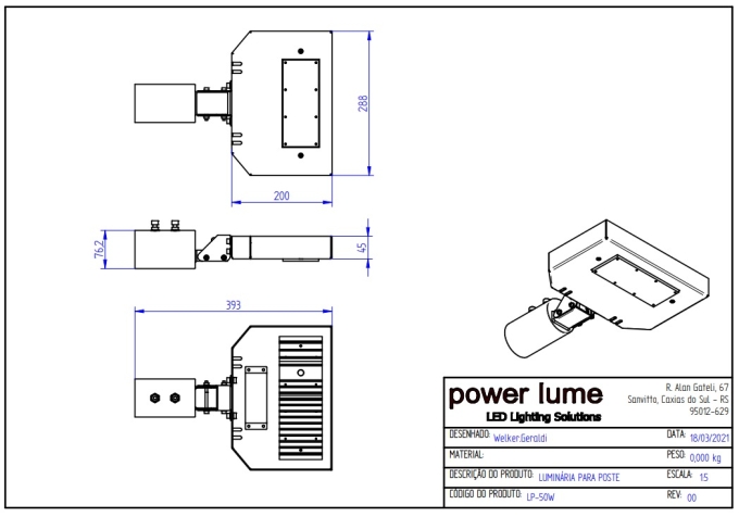 Luminária Pública Modular Powerlume 50 watts IP66 Alumínio e Policarbonato 288x45mm LP50W
