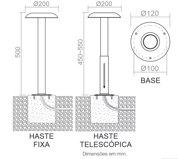 Poste Balizador Powerlume Cogumelo 9 watts IP65 Haste Telescópica até 1000mm Alumínio Bivolt PBL9WAT