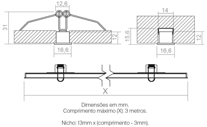 Perfil Powerlume Embutido Alumínio e ABS 16,6x12mm EMB16