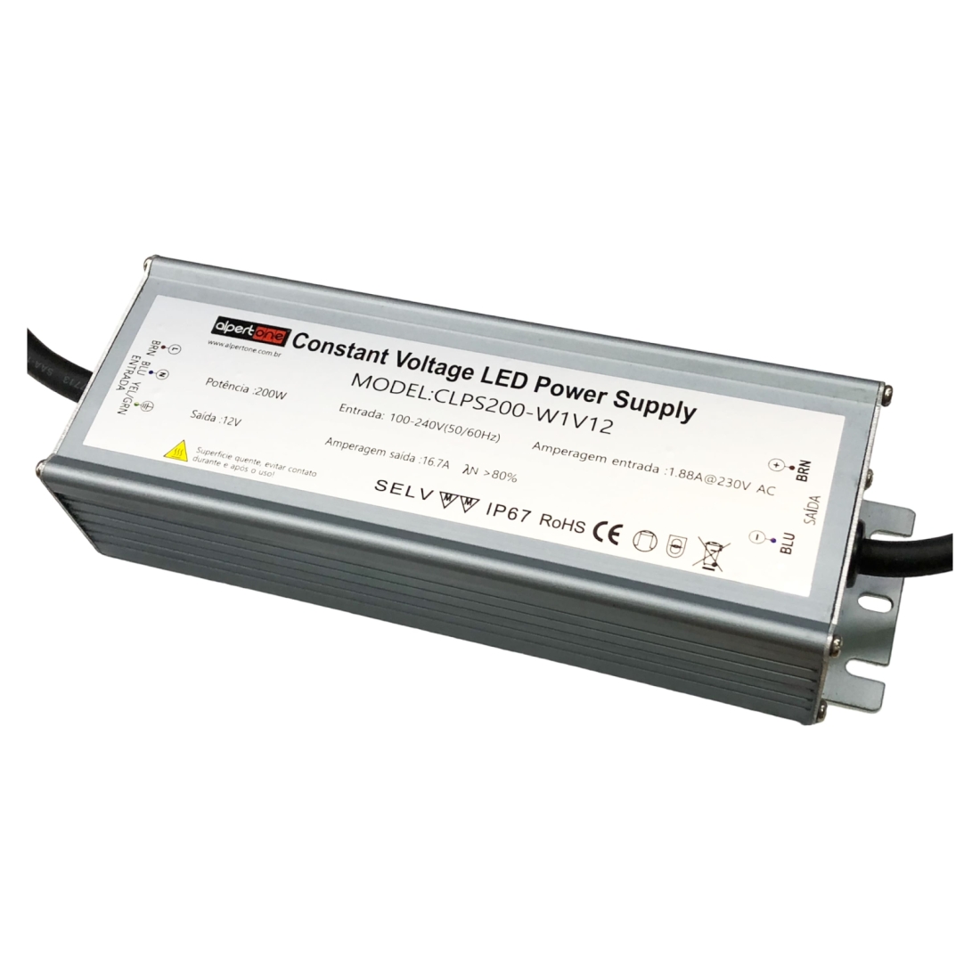Fonte 12V Alpertone Blindada 16,6A 200 watts IP67 Bivolt 210x70x42mm CLPS200