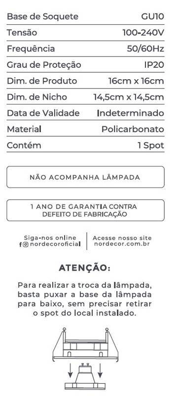 Spot Embutir Nordecor Loyo 1L AR111 Preto 160x160x15mm 6841