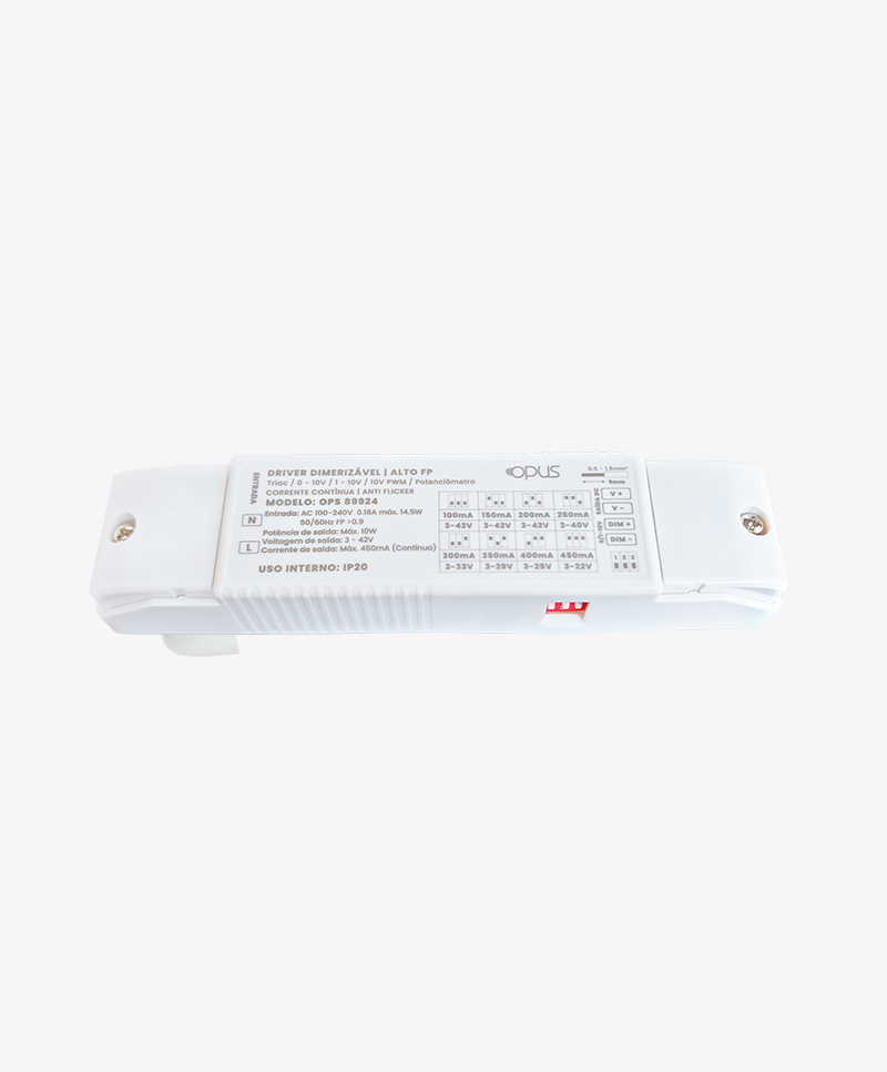 Driver Soul Opus Corrente Contínua Branco Dimerizável até 12 watts Bivolt 131x30x20mm OPS 89924