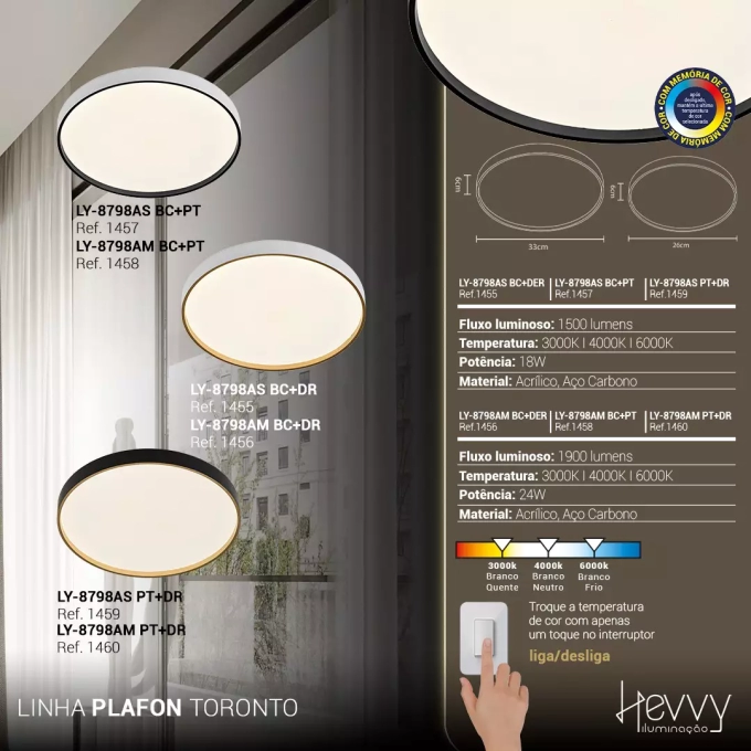 Plafon Hevvy Led Toronto Branco c/ Dourado 24 watts 3000K 4000K 6000K 330mm LY-8798AM BC+DR