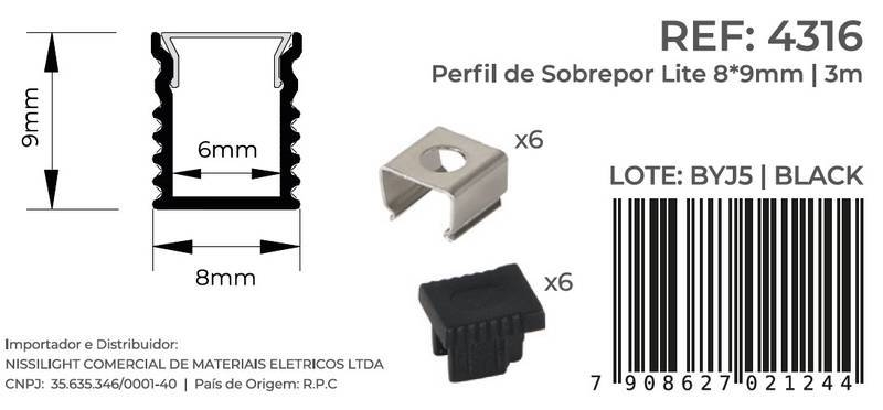 Perfil Sobrepor Nordecor Lite Preto 8x9mm Barra 3 metros 4316