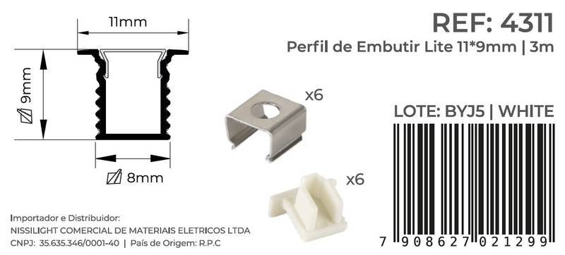 Perfil Embutir Nordecor Lite Branco 11x9mm Barra 3 metros 4311