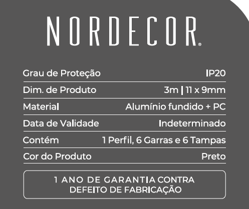 Perfil Embutir Nordecor Lite Preto 11x9mm Barra 3 metros 4312