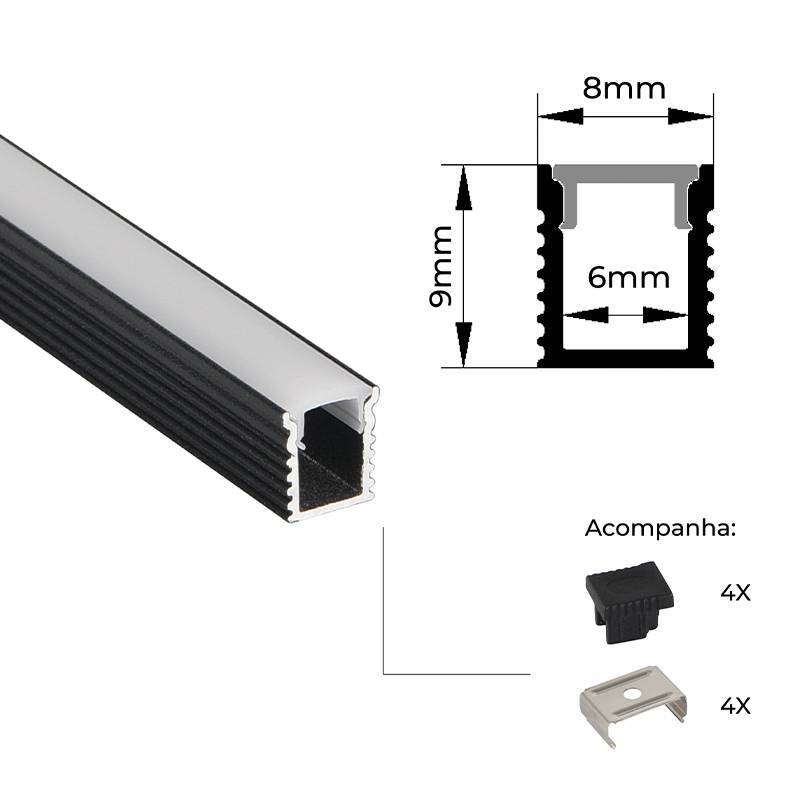 Perfil Sobrepor Nordecor Lite Preto 8x9mm Barra 3 metros 4316