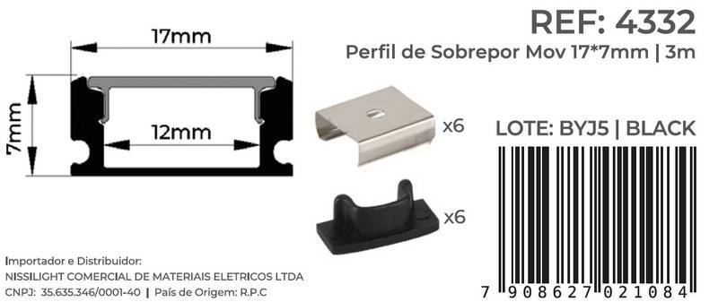 Perfil Sobrepor Nordecor Mov Preto 17x7mm Barra 3 metros 4332