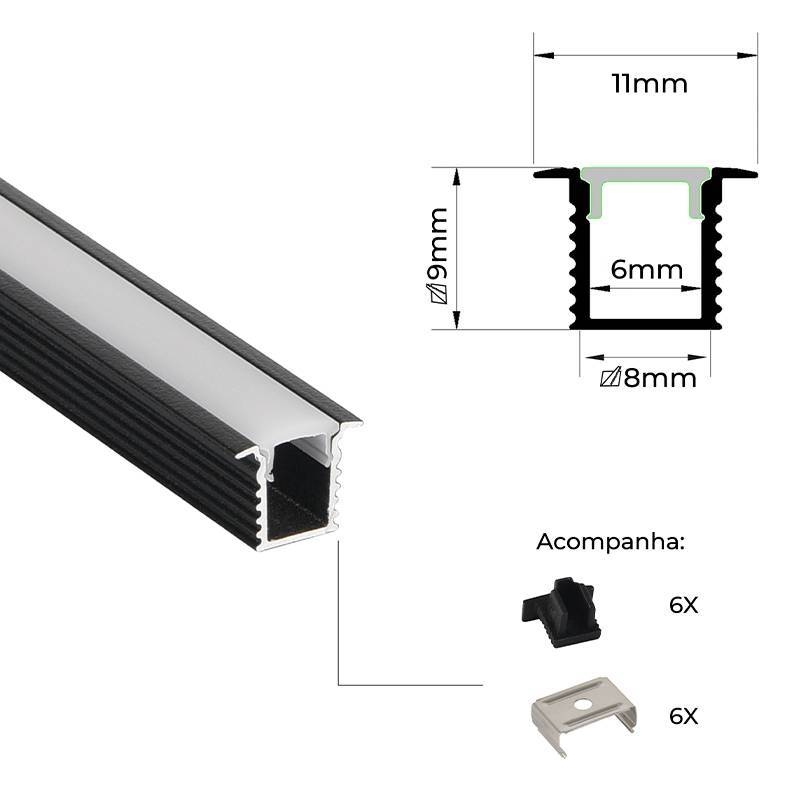 Perfil Embutir Nordecor Lite Preto 11x9mm Barra 3 metros 4312
