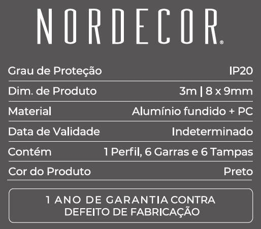 Perfil Sobrepor Nordecor Lite Preto 8x9mm Barra 3 metros 4316