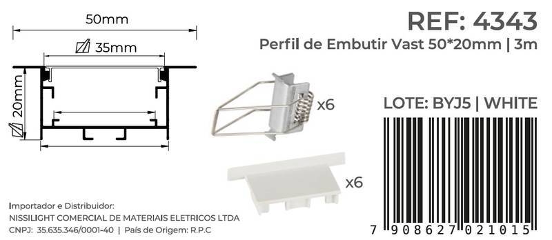 Perfil Embutir Nordecor Vast Branco 50x20mm Barra 3 metros 4343