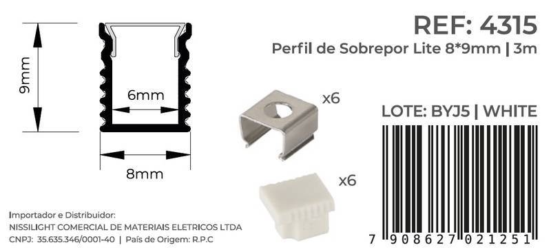 Perfil Sobrepor Nordecor Lite Branco 8x9mm Barra 3 metros 4315