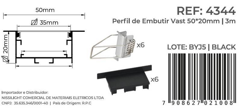 Perfil Embutir Nordecor Vast Preto 50x20mm Barra 3 metros 4344