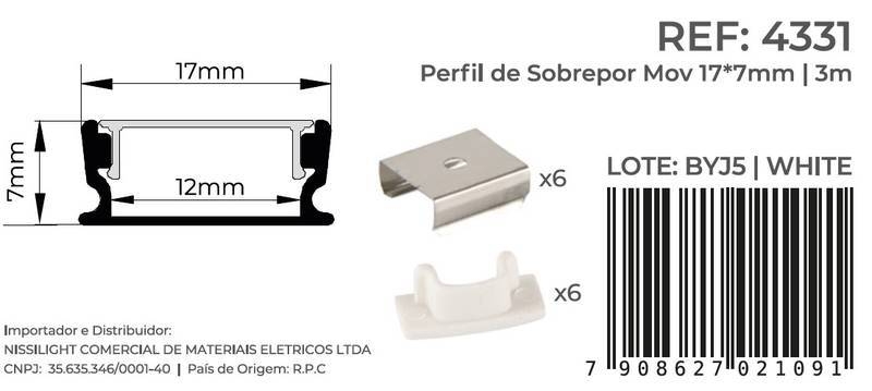 Perfil Sobrepor Nordecor Mov Branco 17x7mm Barra 3 metros 4331