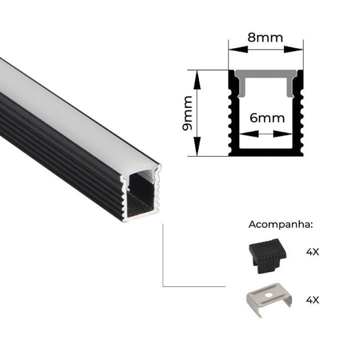 Perfil Sobrepor Nordecor Lite Preto 8x9mm Barra 2 metros 4314